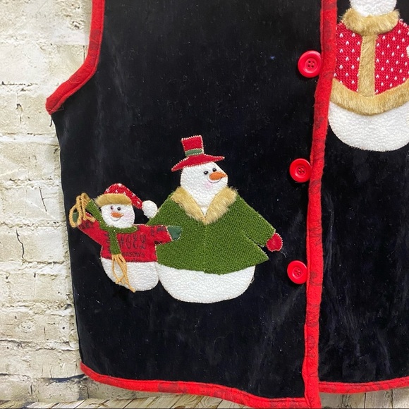 Snowman Christmas Embroidered Black Red Velvet Holiday Vest - Picture 3 of 4